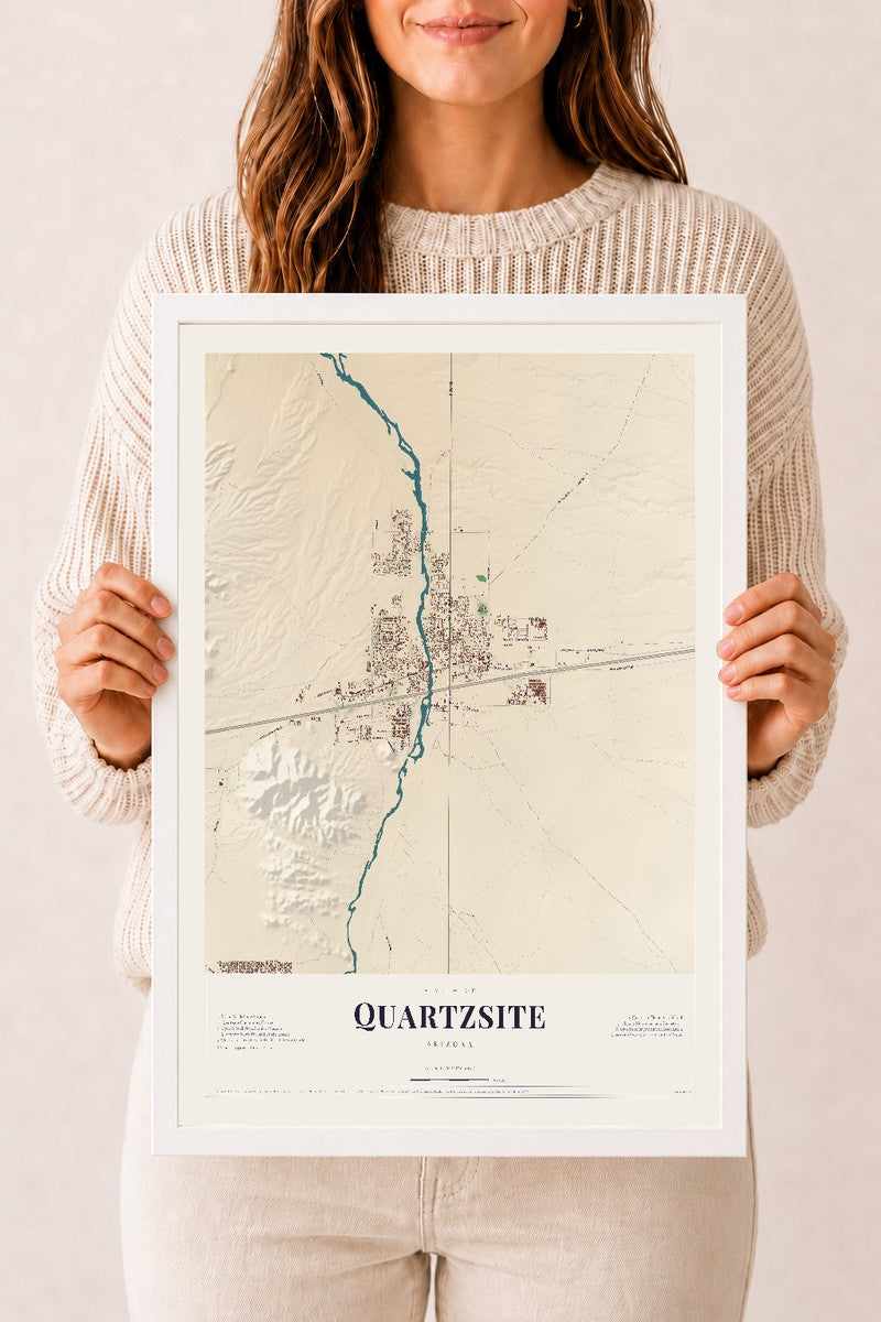 Map of Quartzsite, Arizona, 12 x 18 inch print in a white wood frame