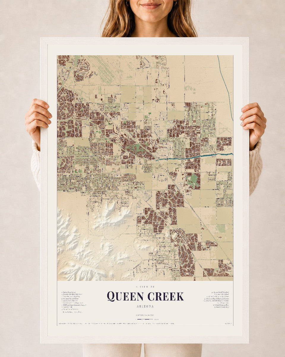 Queen Creek, Arizona map print, 24" x 36", W/ White Ayous Wood Frame