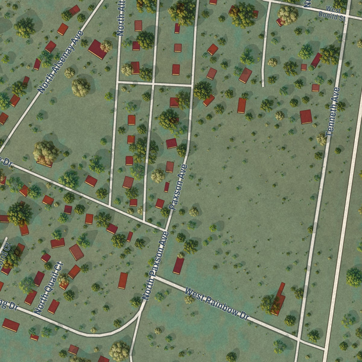 Close-up of the map of Rainbow City, Arizona print showing street and building detail