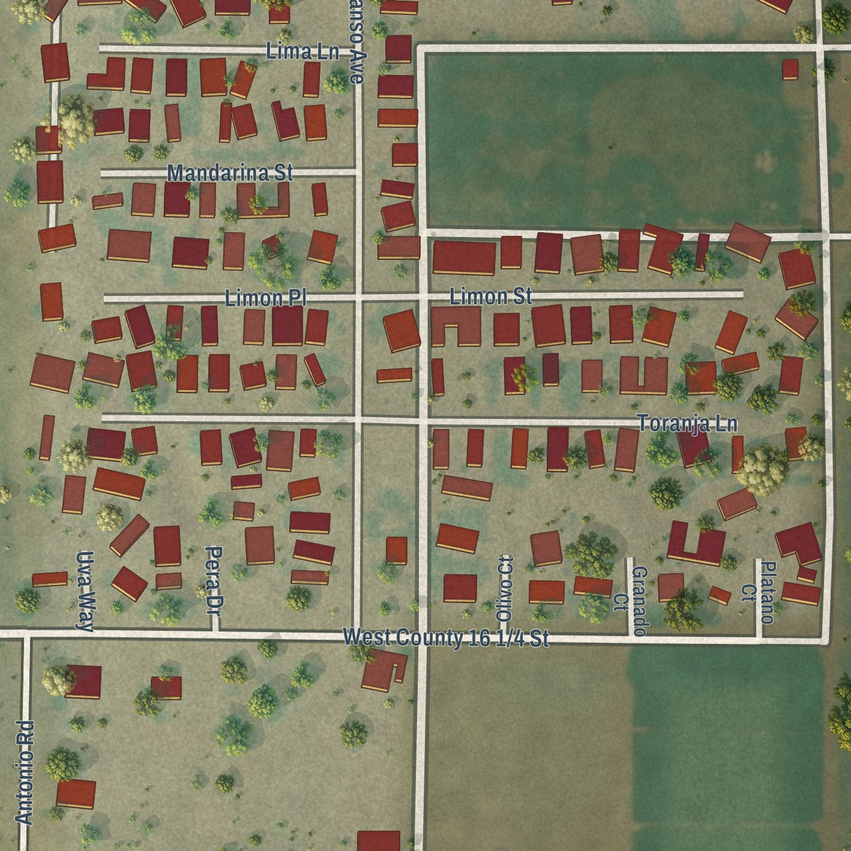 Close-up of the map of Rancho Mesa Verde, Arizona print showing street and building detail