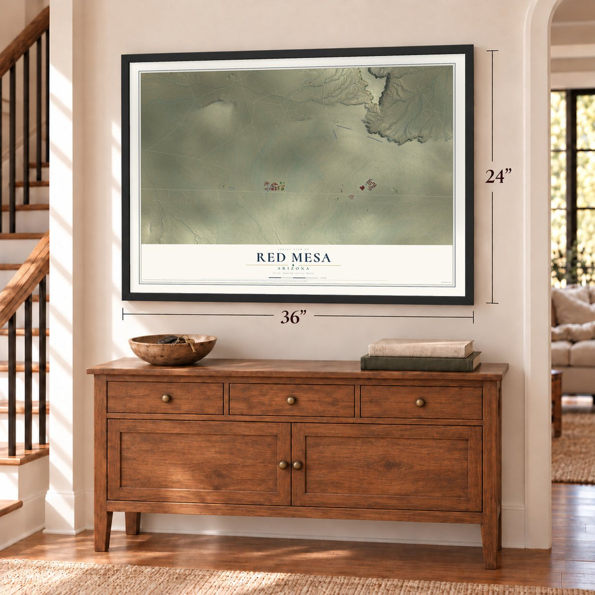 Red Mesa, Arizona map, 24 x 36 inch print in a black frame above a dresser by a staircase