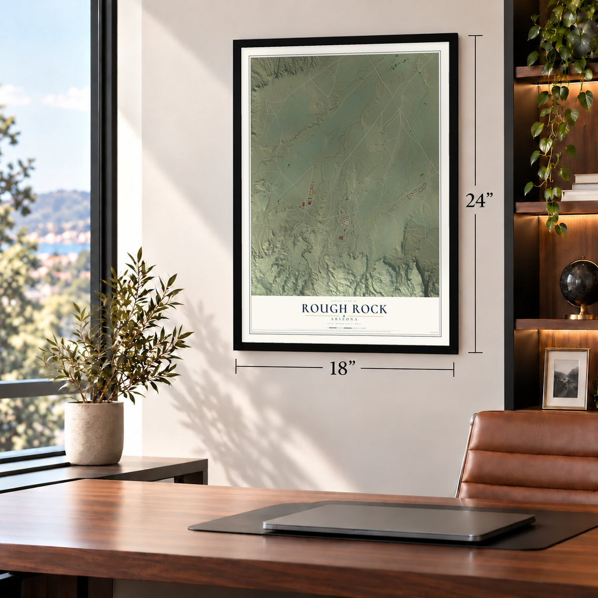 Rough Rock, Arizona map, 18 x 24 inch print in a black frame in a home office