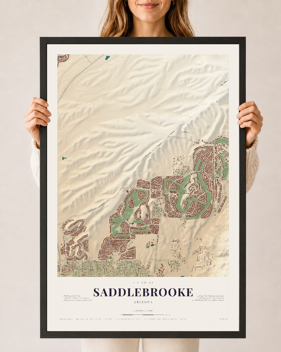 Map of Saddlebrooke, Arizona, 24 x 36 inch print in a black wood frame