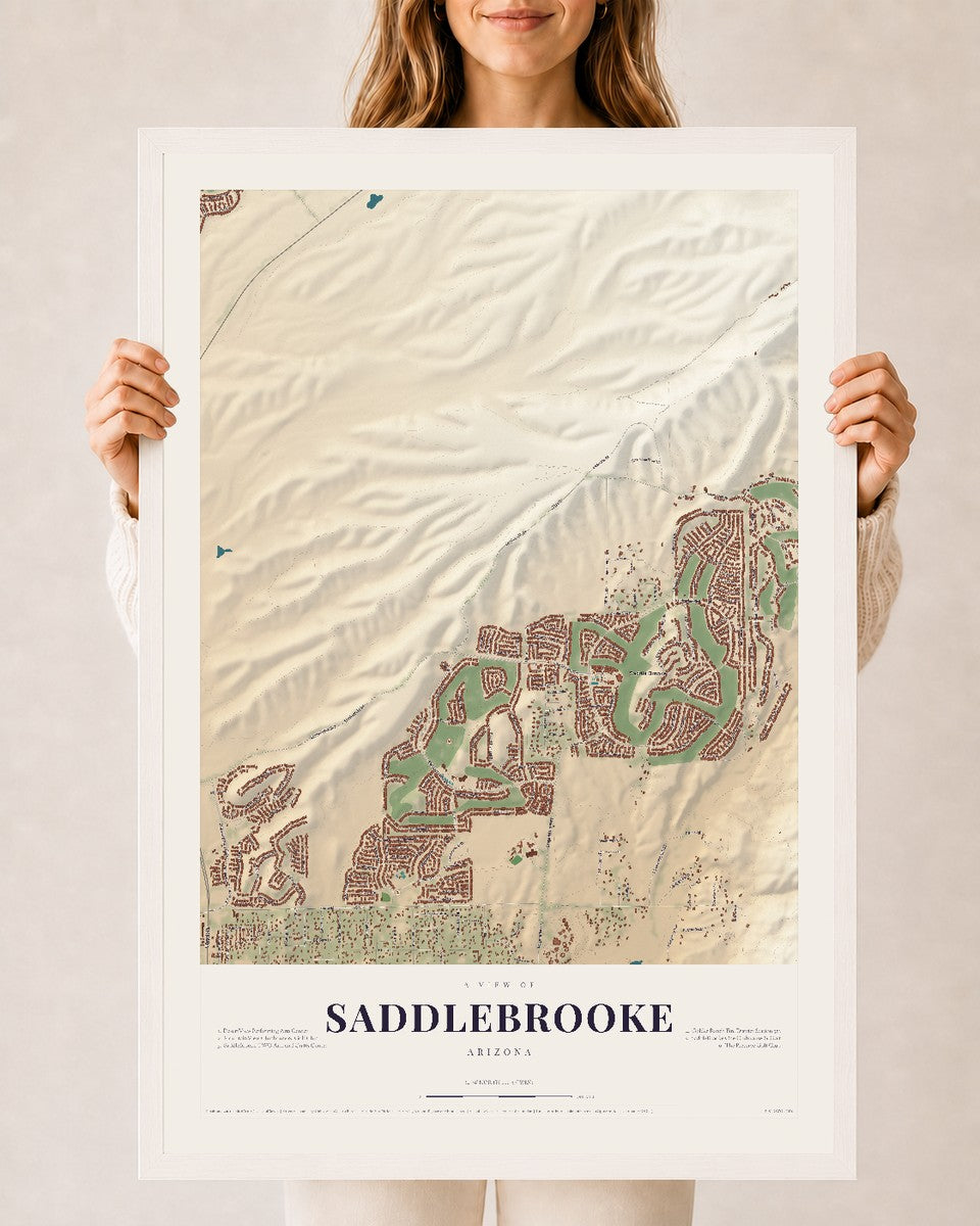 Saddlebrooke, Arizona map print, 24" x 36", W/ White Ayous Wood Frame