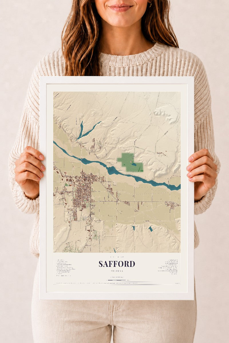 Safford, Arizona map print, 12" x 18", W/ White Ayous Wood Frame