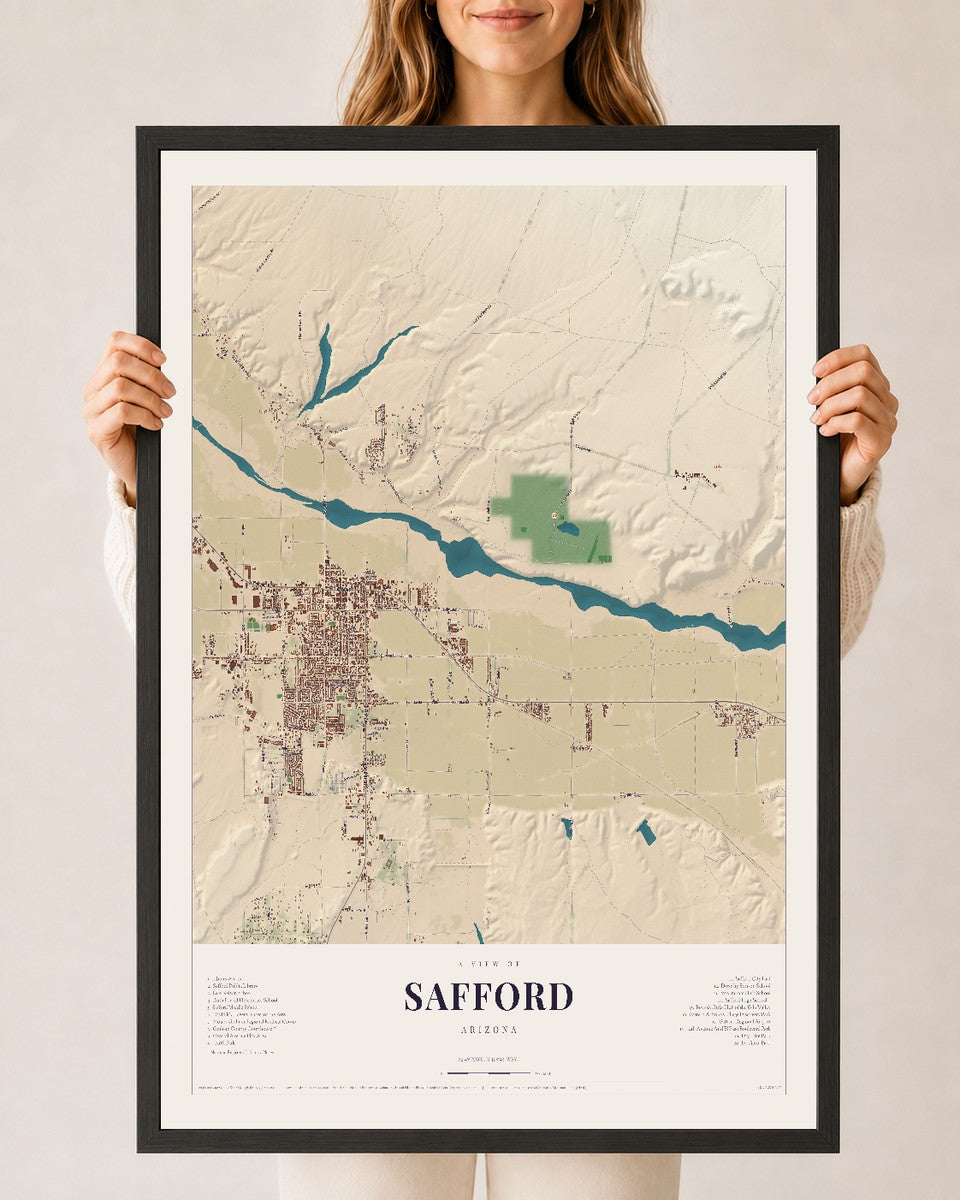 Safford, Arizona map print, 24" x 36", W/ Black Ayous Wood Frame