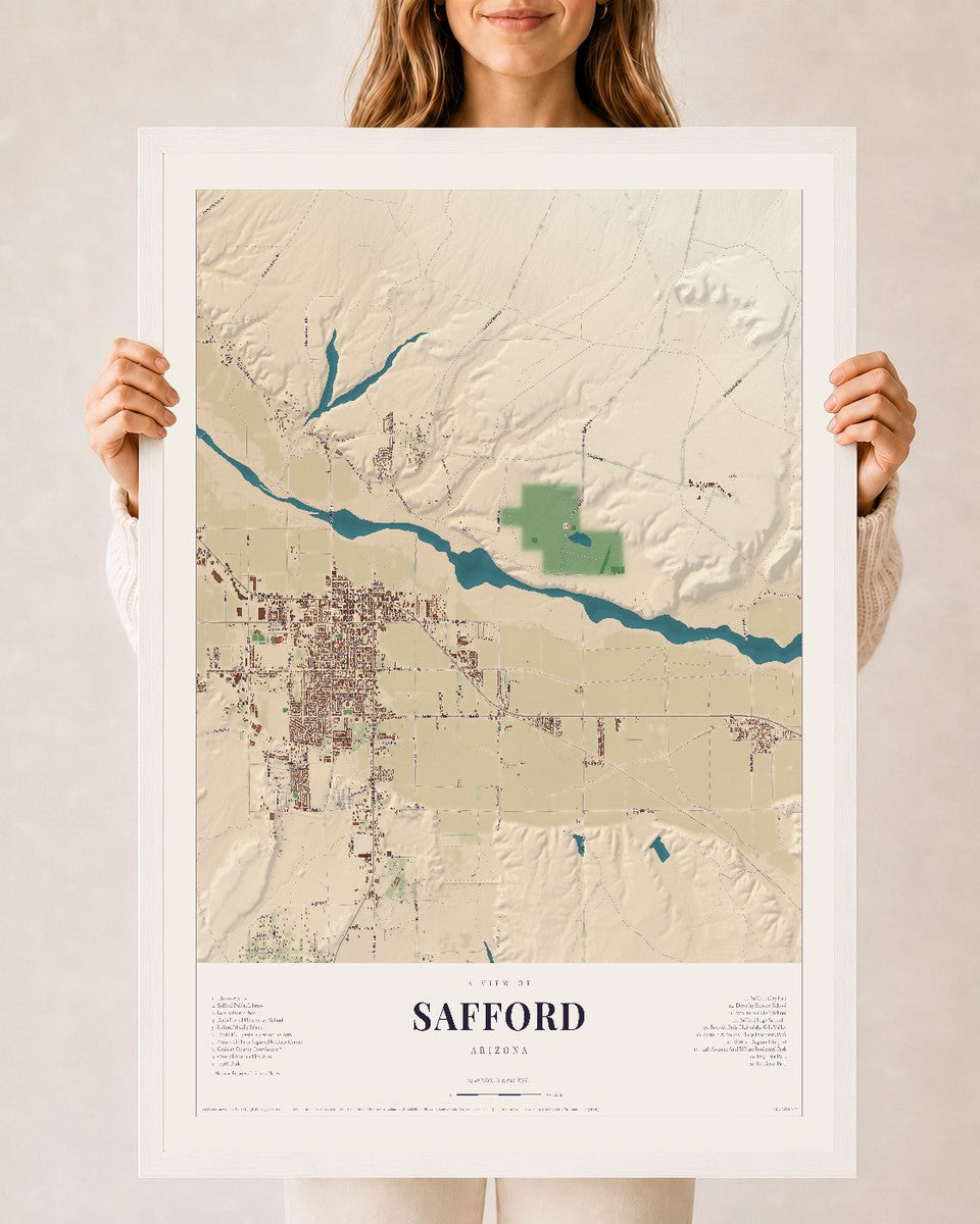 Safford, Arizona map print, 24" x 36", W/ White Ayous Wood Frame