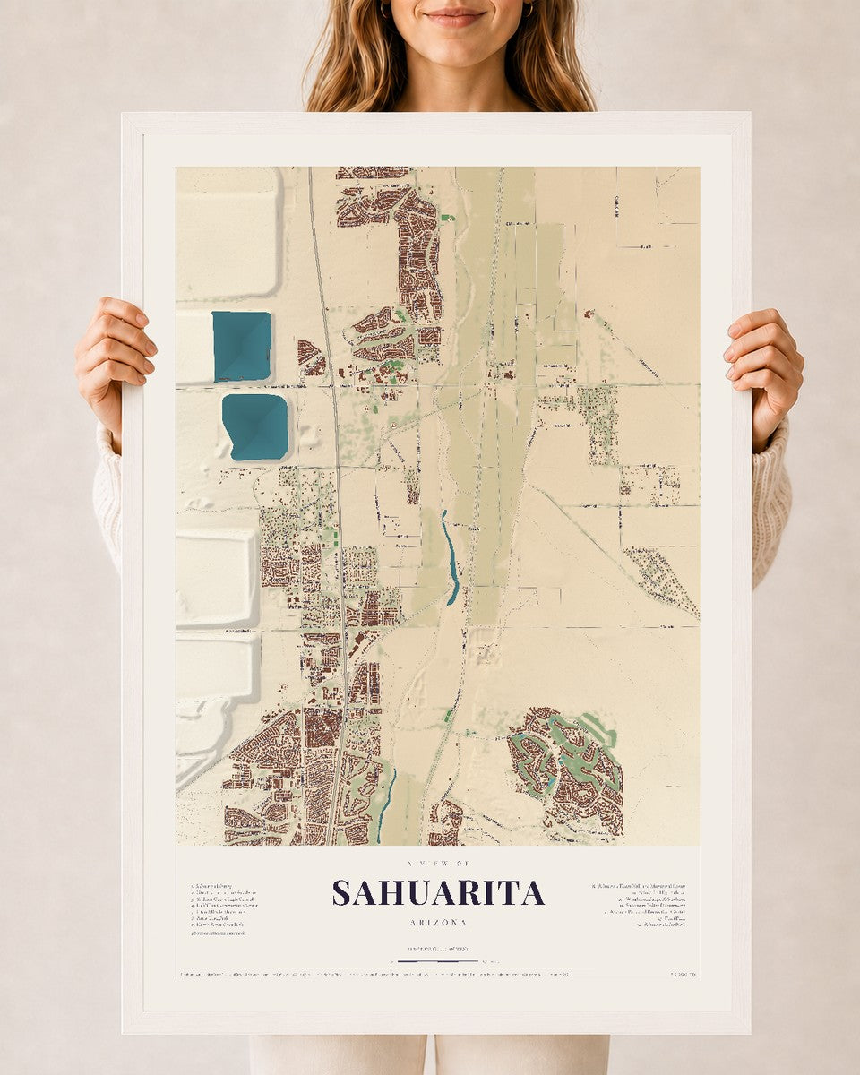 Sahuarita, Arizona map print, 24" x 36", W/ White Ayous Wood Frame