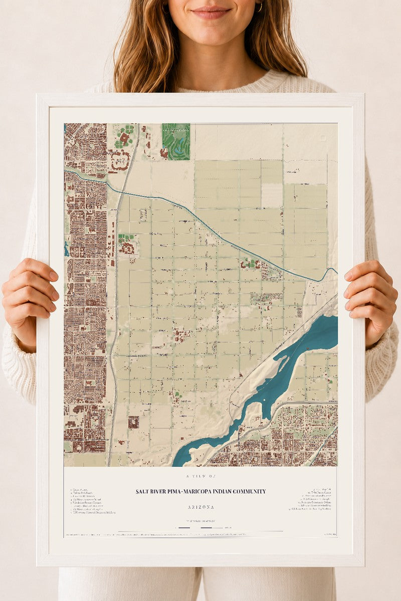 Map of Salt River Pima-Maricopa Indian Community, Arizona, 18 x 24 inch print in a white wood frame