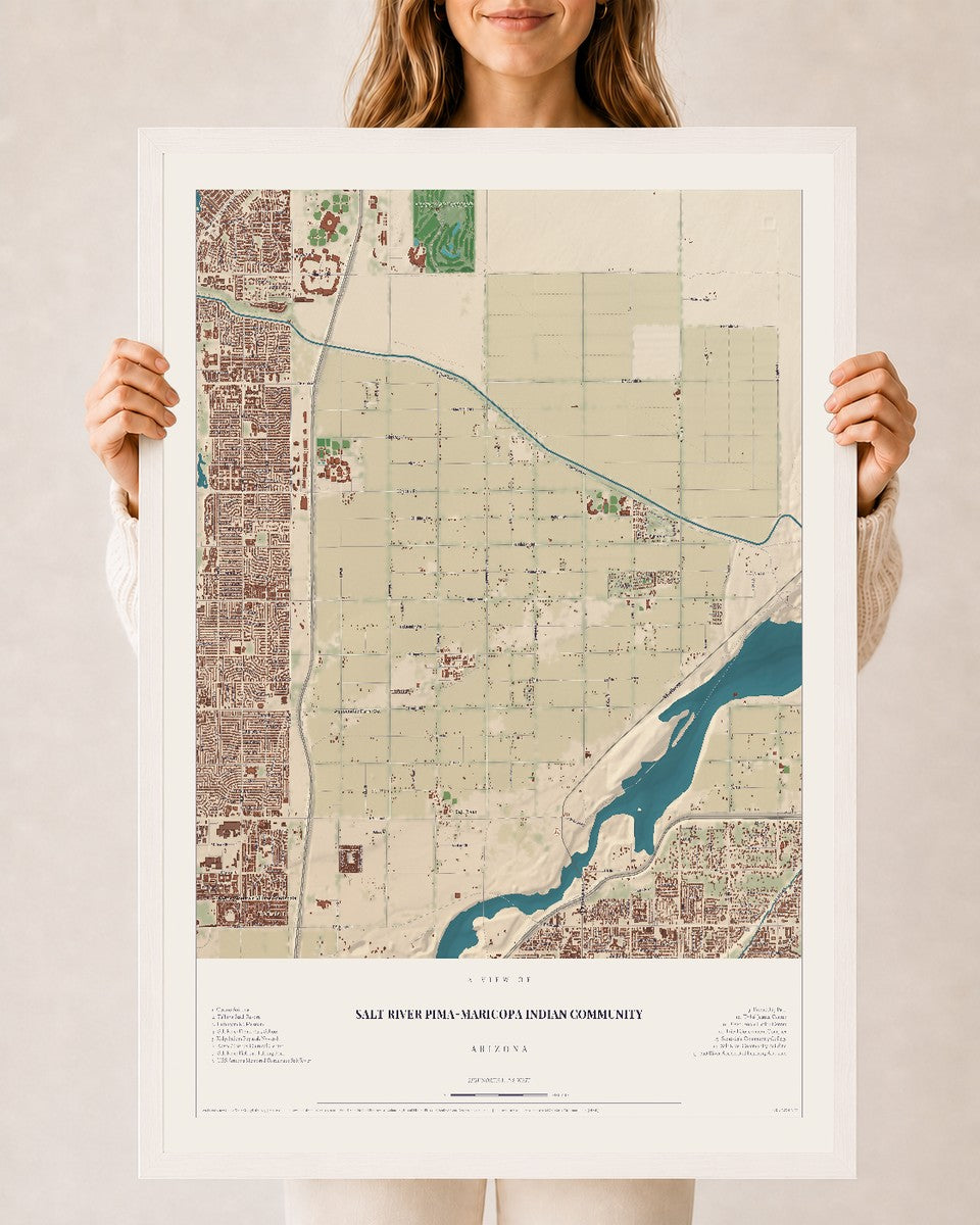 Map of Salt River Pima-Maricopa Indian Community, Arizona, 24 x 36 inch print in a white wood frame