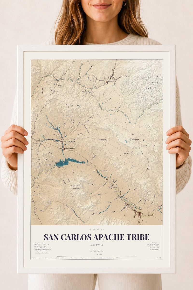 San Carlos Apache Tribe, Arizona map print, 18" x 24", W/ White Ayous Wood Frame