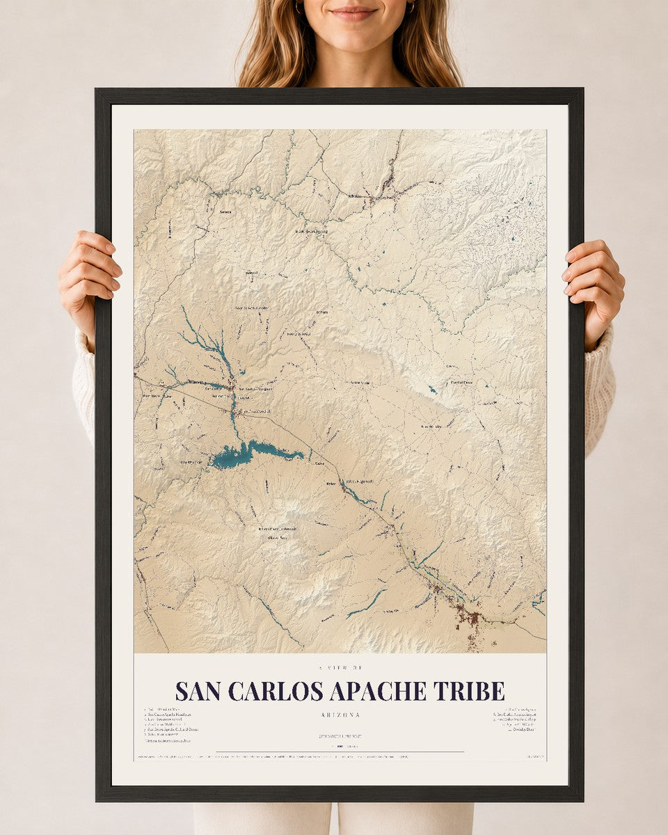 San Carlos Apache Tribe, Arizona map print, 24" x 36", W/ Black Ayous Wood Frame