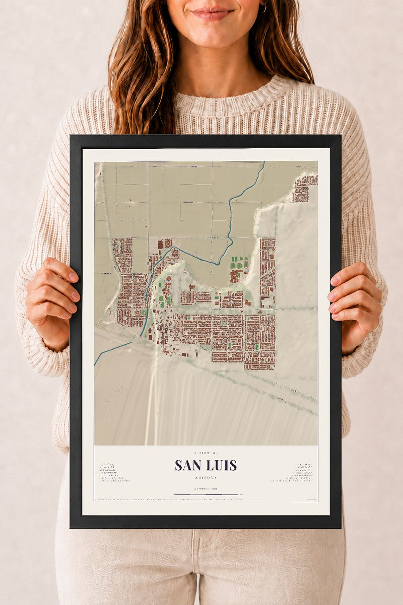 Map of San Luis, Arizona, 12 x 18 inch print in a black wood frame