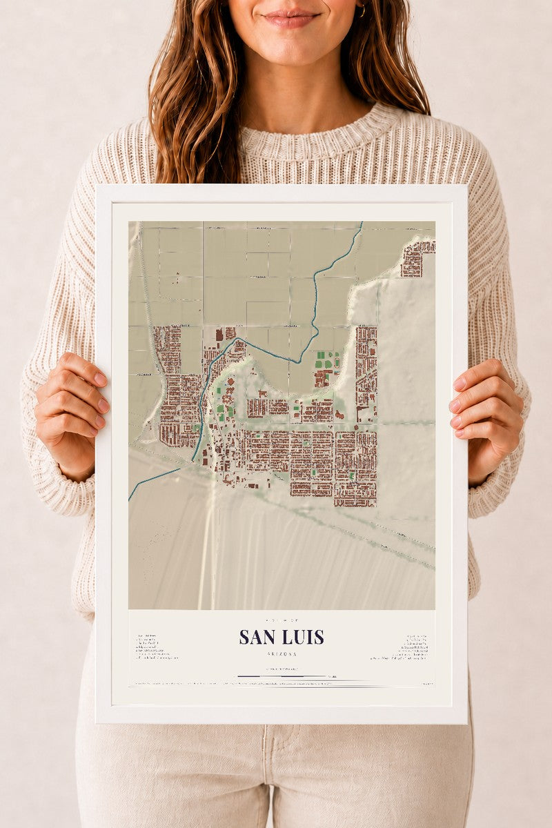 Map of San Luis, Arizona, 12 x 18 inch print in a white wood frame