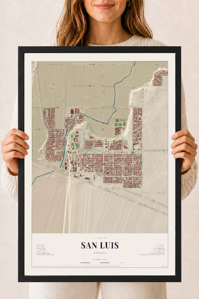 Map of San Luis, Arizona, 18 x 24 inch print in a black wood frame