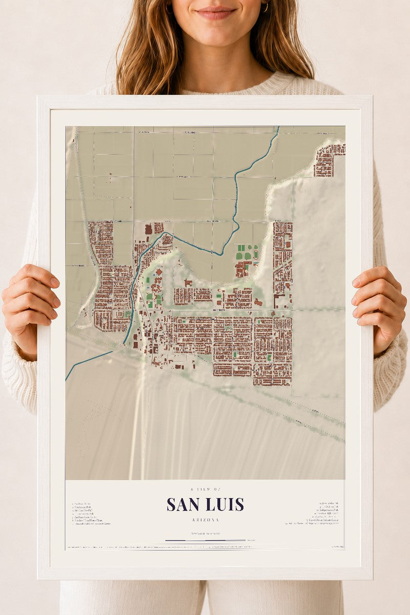 Map of San Luis, Arizona, 18 x 24 inch print in a white wood frame
