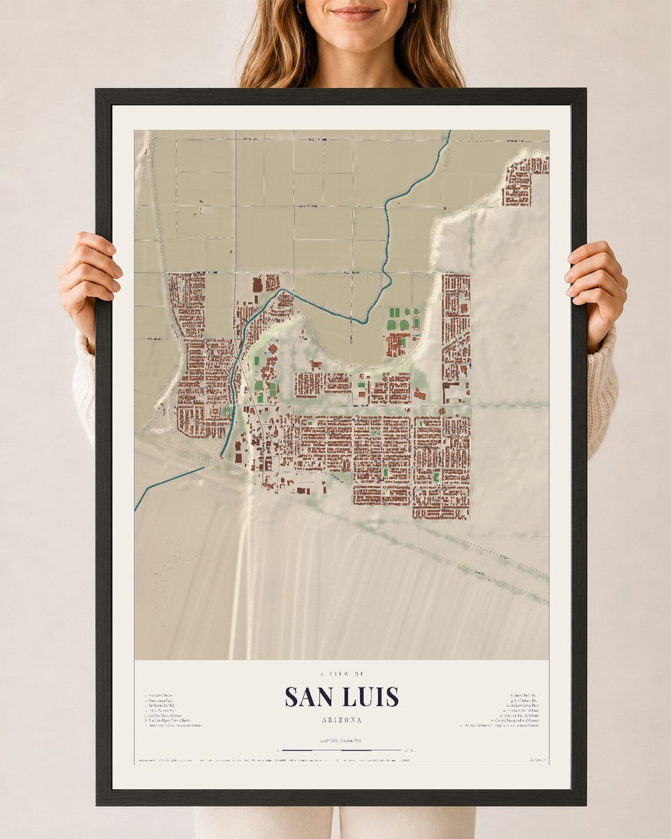 Map of San Luis, Arizona, 24 x 36 inch print in a black wood frame