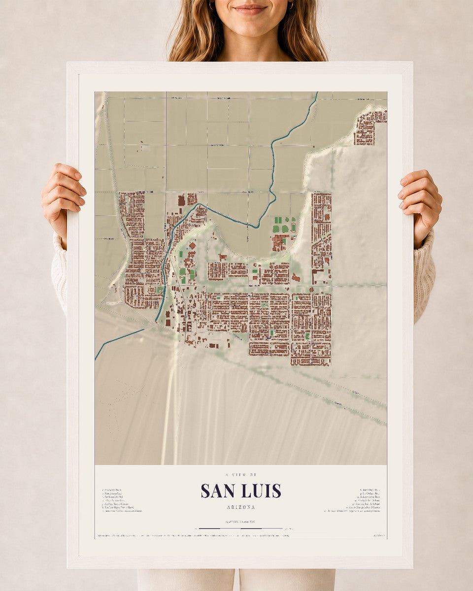 Map of San Luis, Arizona, 24 x 36 inch print in a white wood frame