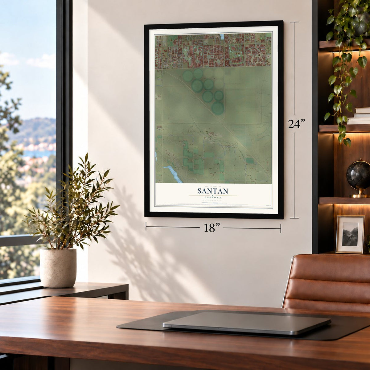 Santan, Arizona map, 18 x 24 inch print in a black frame in a home office