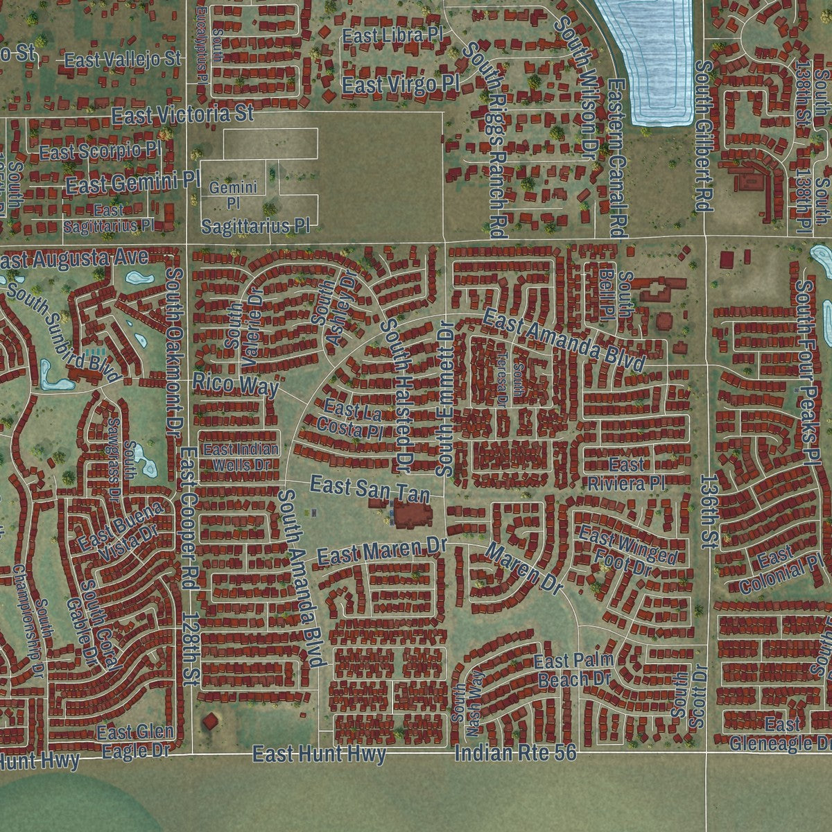 Close-up of the map of Santan, Arizona print showing street and building detail