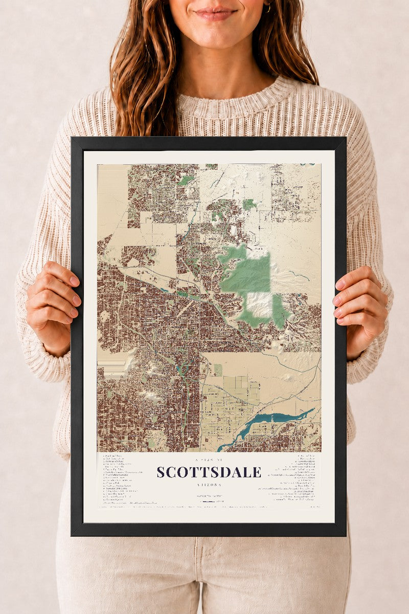 Scottsdale, Arizona map print, 12" x 18", W/ Black Ayous Wood Frame
