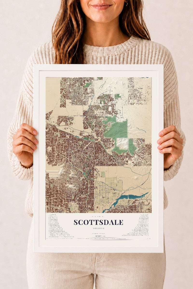 Map of Scottsdale, Arizona, 12 x 18 inch print in a white wood frame