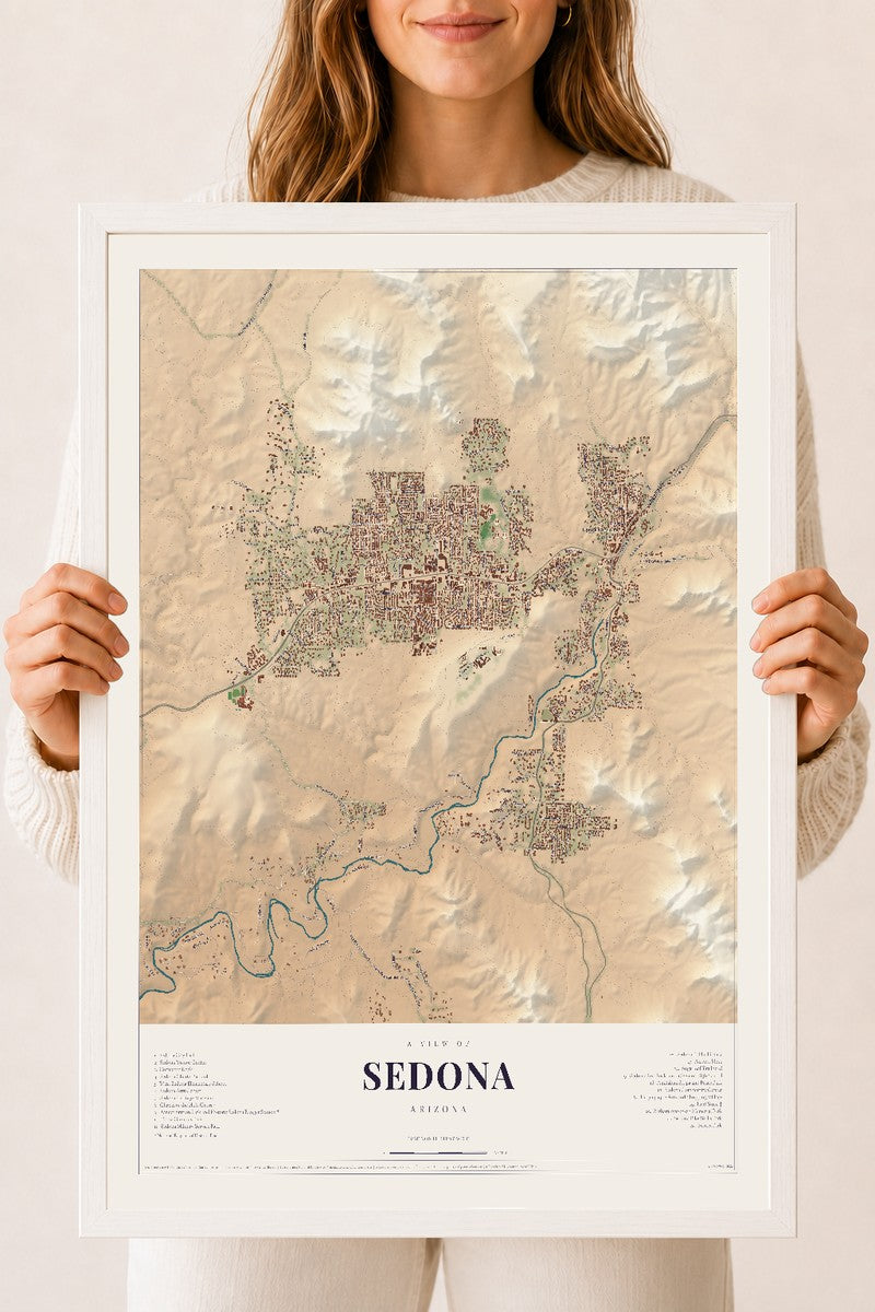 Sedona, Arizona map print, 18" x 24", W/ White Ayous Wood Frame