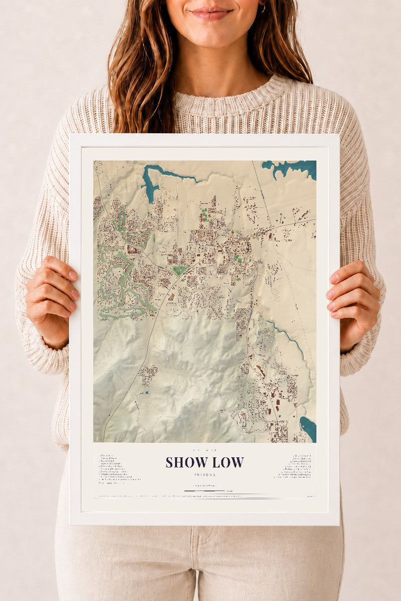 Map of Show Low, Arizona, 12 x 18 inch print in a white wood frame