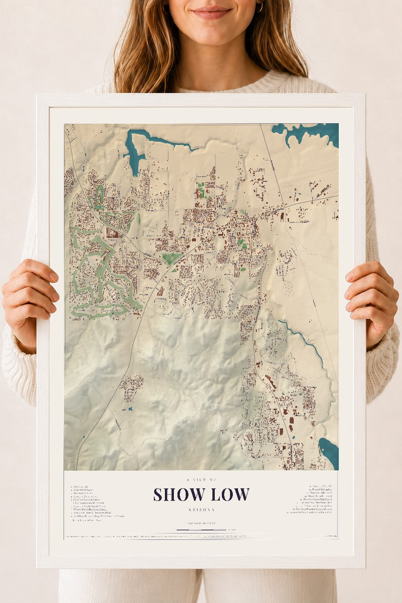 Map of Show Low, Arizona, 18 x 24 inch print in a white wood frame