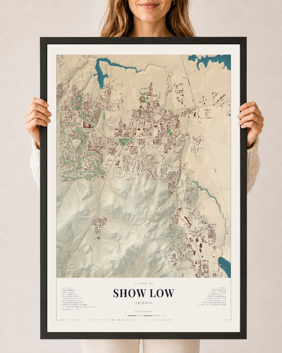 Map of Show Low, Arizona, 24 x 36 inch print in a black wood frame
