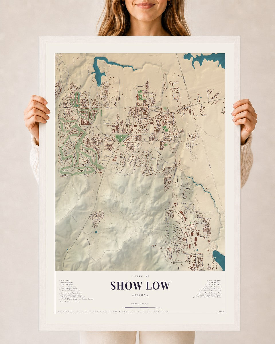 Map of Show Low, Arizona, 24 x 36 inch print in a white wood frame