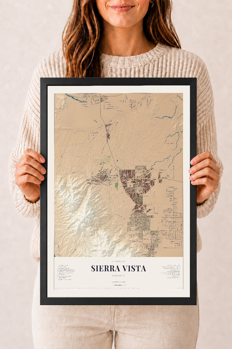 Sierra Vista, Arizona map print, 12" x 18", W/ Black Ayous Wood Frame