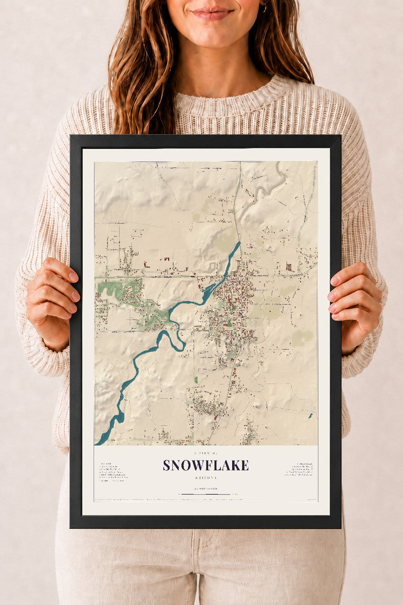 Map of Snowflake, Arizona, 12 x 18 inch print in a black wood frame