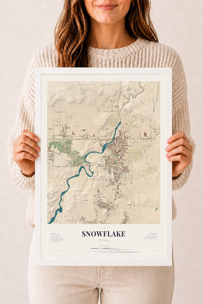 Map of Snowflake, Arizona, 12 x 18 inch print in a white wood frame