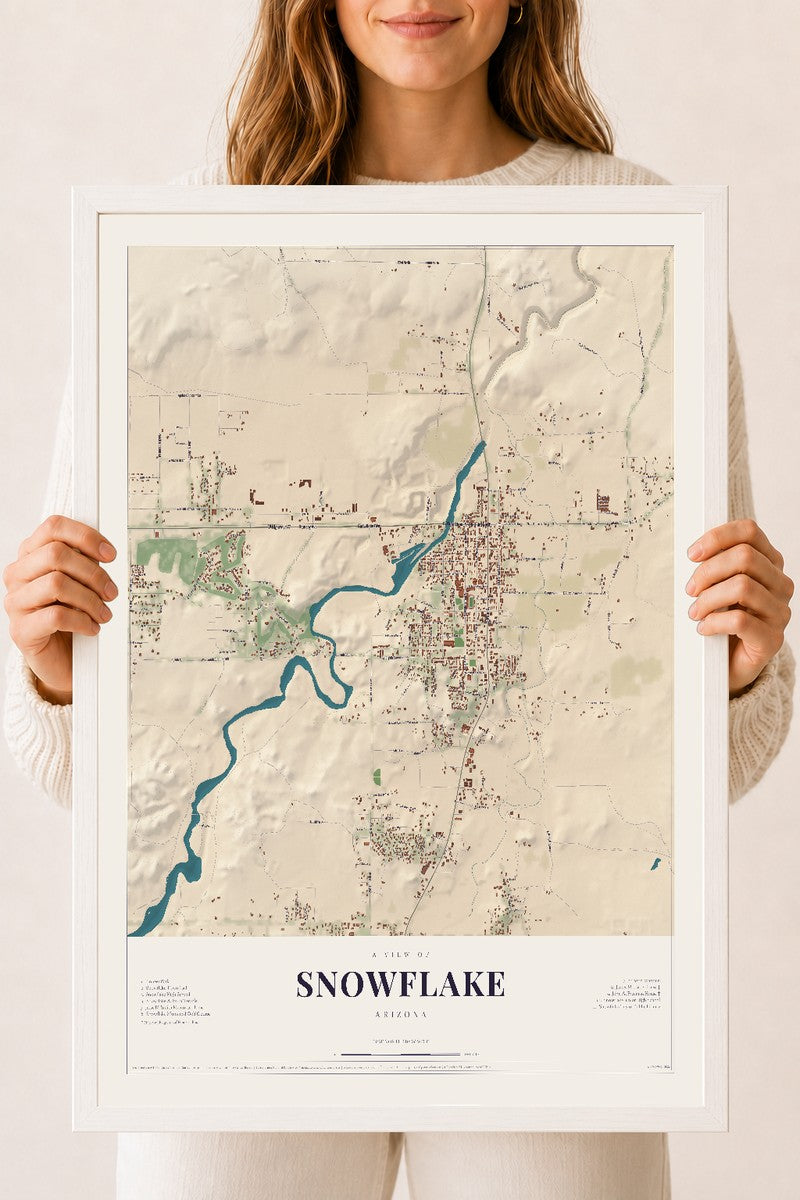 Map of Snowflake, Arizona, 18 x 24 inch print in a white wood frame