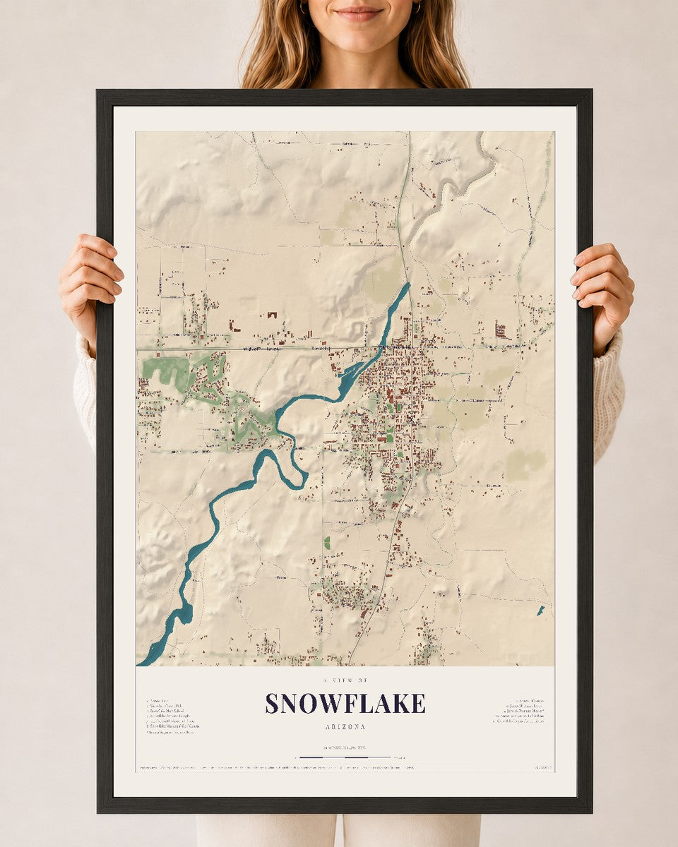Map of Snowflake, Arizona, 24 x 36 inch print in a black wood frame