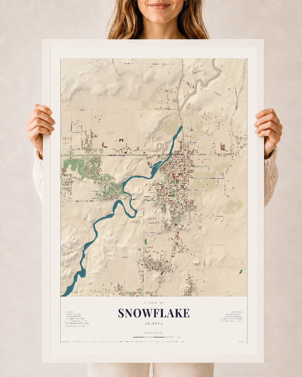 Map of Snowflake, Arizona, 24 x 36 inch print in a white wood frame