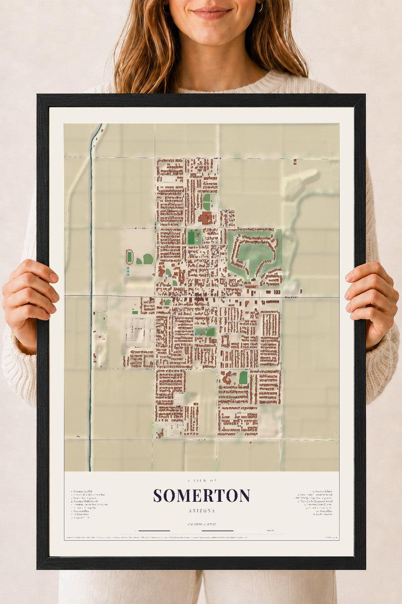 Somerton, Arizona map print, 18" x 24", W/ Black Ayous Wood Frame