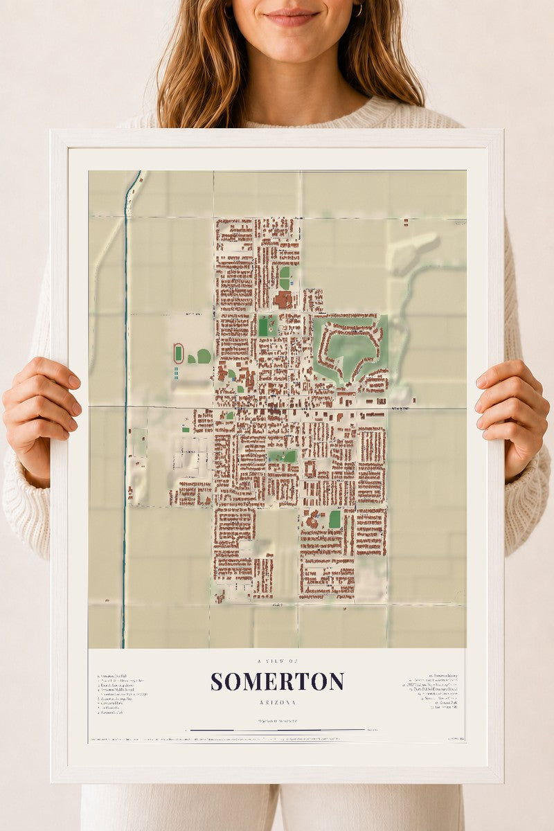 Somerton, Arizona map print, 18" x 24", W/ White Ayous Wood Frame