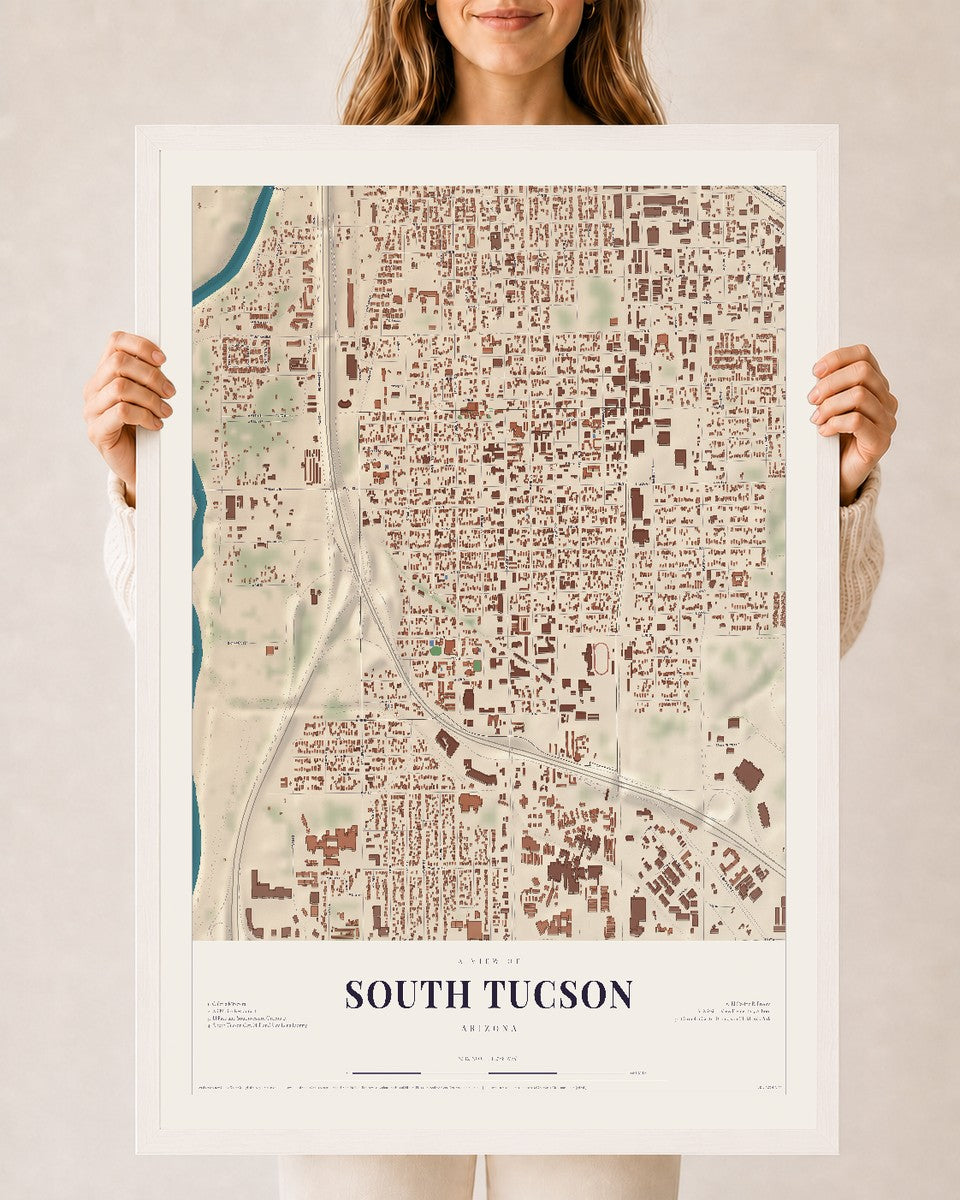 Map of South Tucson, Arizona, 24 x 36 inch print in a white wood frame