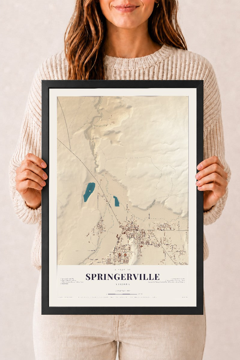 Springerville, Arizona map print, 12" x 18", W/ Black Ayous Wood Frame