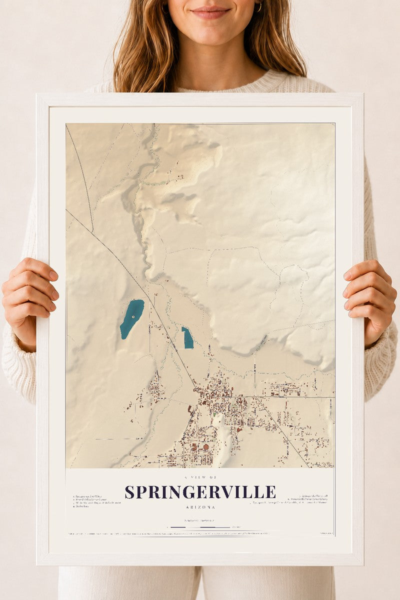Springerville, Arizona map print, 18" x 24", W/ White Ayous Wood Frame