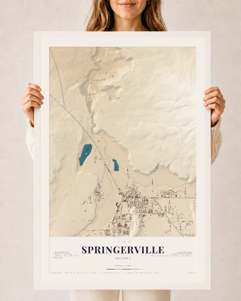 Springerville, Arizona map print, 24" x 36", W/ White Ayous Wood Frame