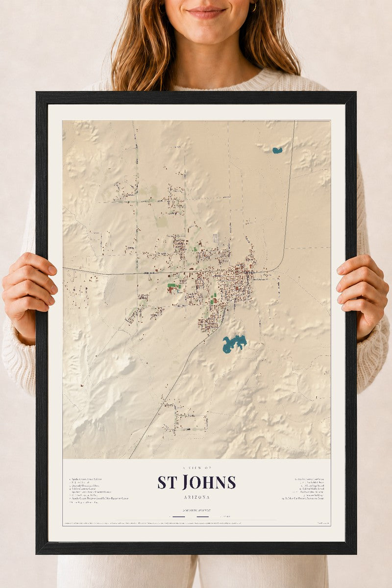 St Johns, Arizona map print, 18" x 24", W/ Black Ayous Wood Frame