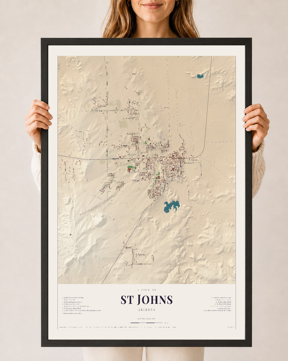St Johns, Arizona map print, 24" x 36", W/ Black Ayous Wood Frame