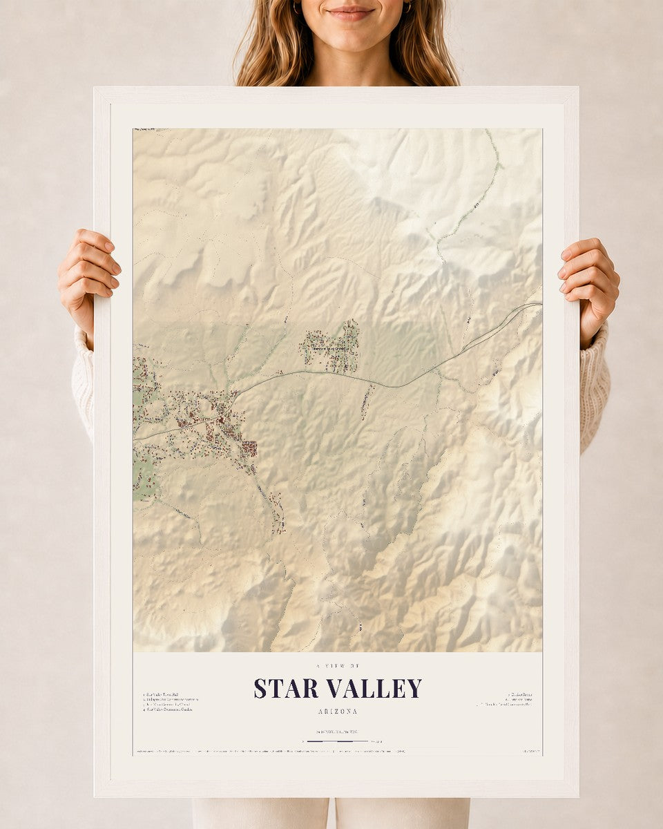 Star Valley, Arizona map print, 24" x 36", W/ White Ayous Wood Frame