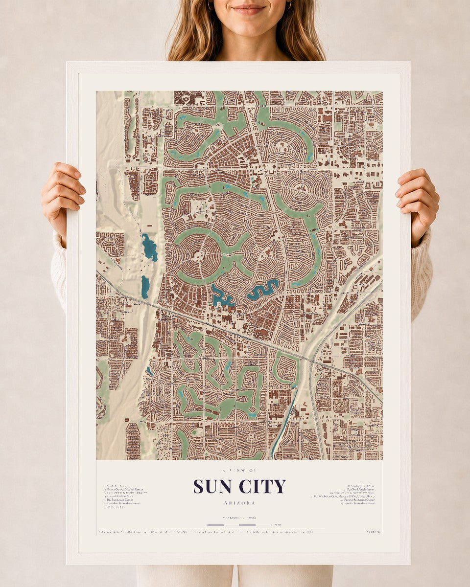 Sun City, Arizona map print, 24" x 36", W/ White Ayous Wood Frame