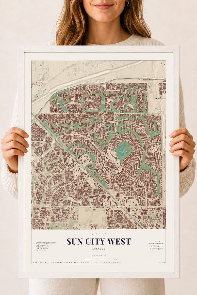 Sun City West, Arizona map print, 18" x 24", W/ White Ayous Wood Frame
