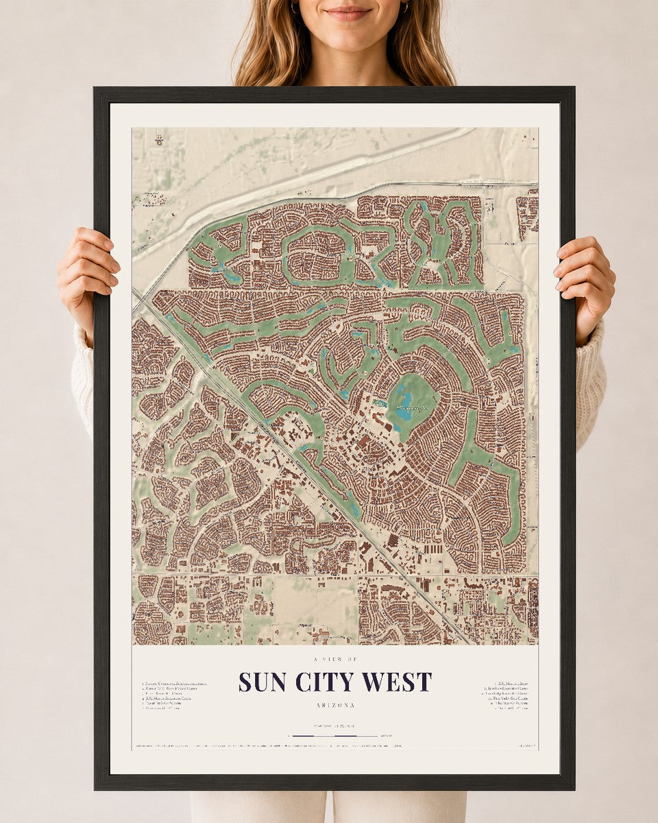 Sun City West, Arizona map print, 24" x 36", W/ Black Ayous Wood Frame