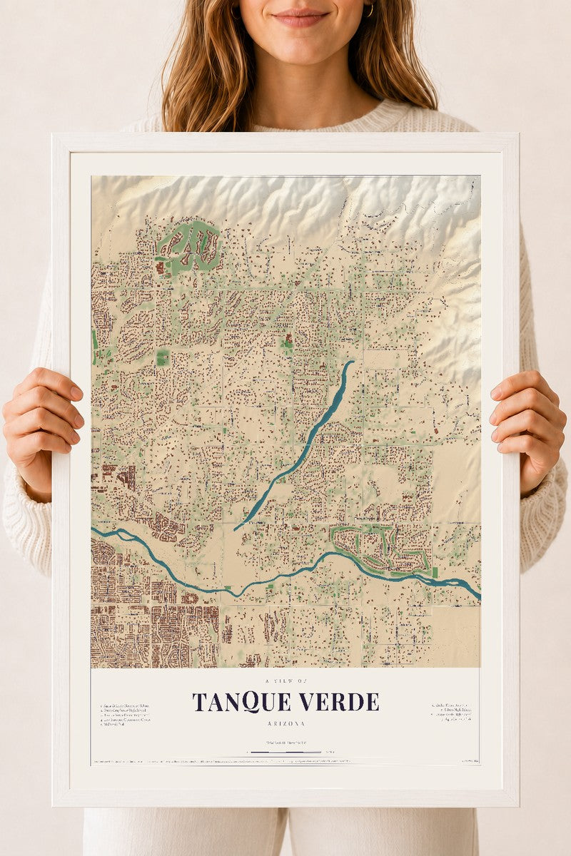 Tanque Verde, Arizona map print, 18" x 24", W/ White Ayous Wood Frame